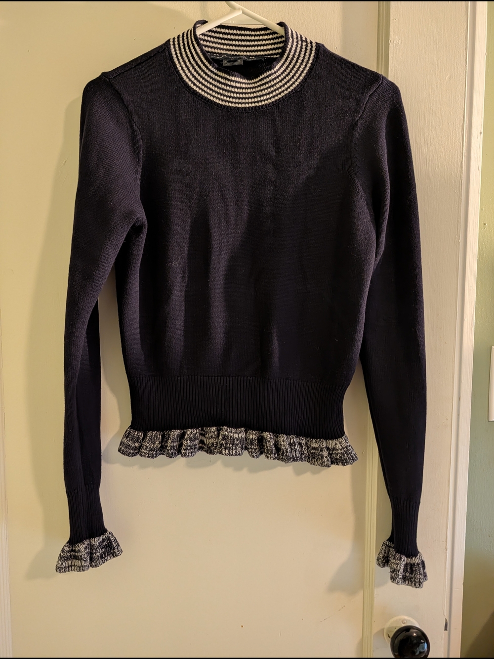 French Connection Navy Sweater with Black-and-White Striped Collar